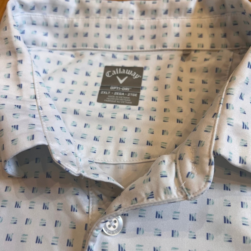 Callaway Opti-Dri Golf Polo Mens 2XLT White Blue Geometric Print Performance A10 - Picture 3 of 6